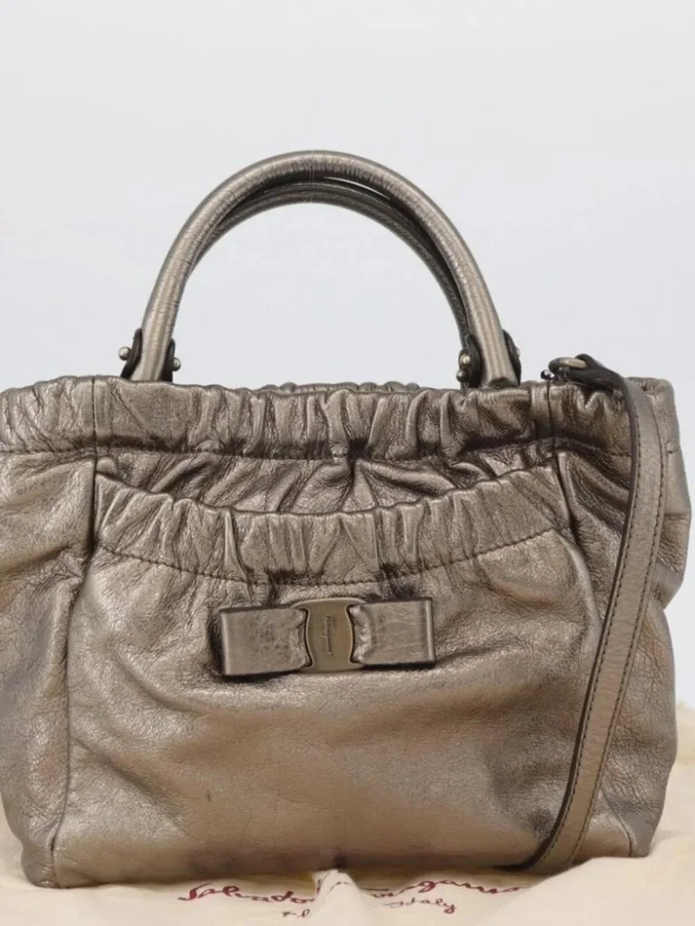 Salvatore Ferragamo Vala Hand Bag Leather 2way Silver Auth am10956